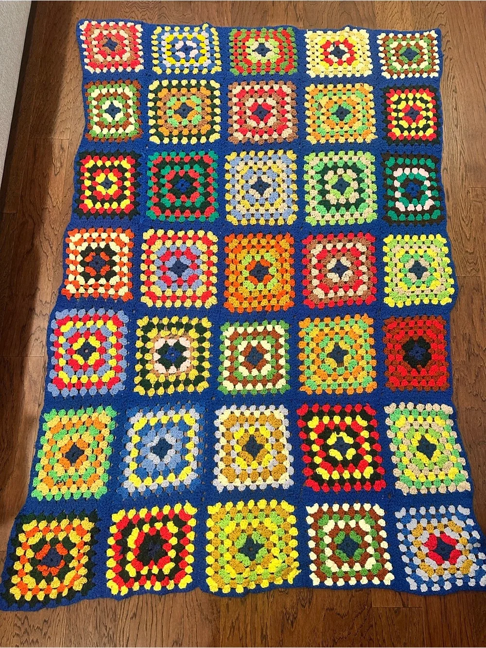 Vintage Handmade Granny Square Crochet Blanket - Multicolor - approx 4ft x 6ft